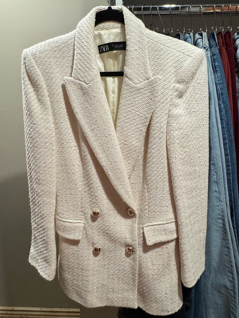 Zara Cream Double-Breasted Textured Blazer with Gold Buttons